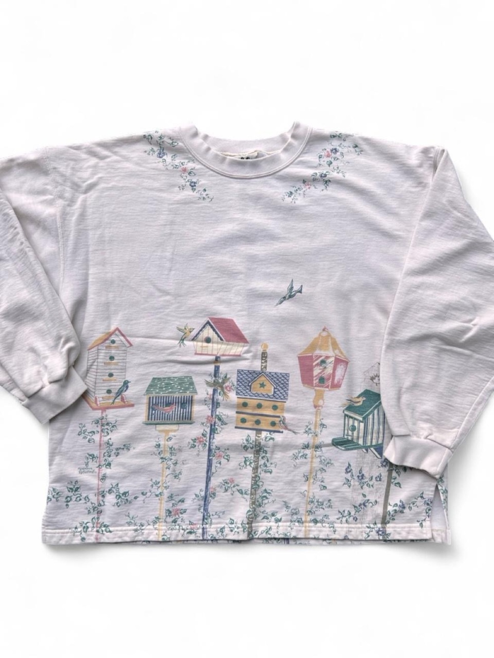 Vintage 90s Oversized Sweatshirt Cottagecore Birdhouse Whimsical - Size Large